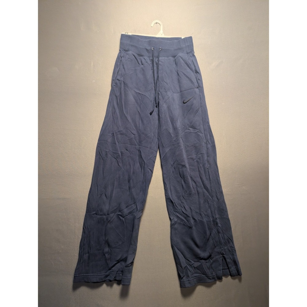 Nike Studio Fleece Wide Leg Sweatpants Women XS Navy Blue Swoosh Logo Ankle Slit